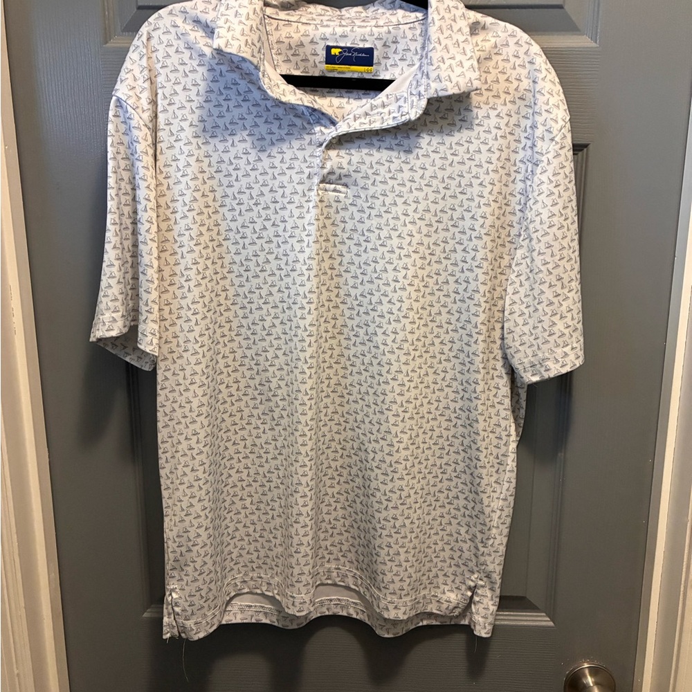Jack Nicklaus Golf White Polo with Navy Sailboat Print